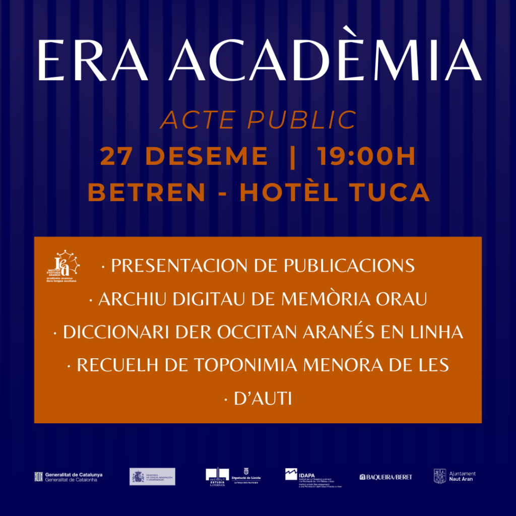 Acte public dera Acadèmia - 27 de deseme tàs 19:00h en Betren (Hotèl Tuca)